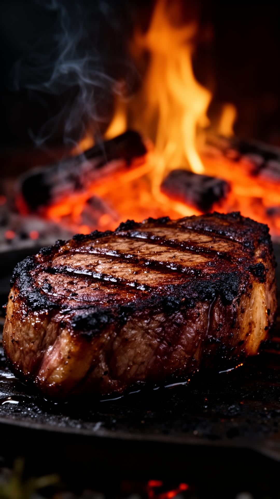 Perfekt grillad entrecôte över glödande kol